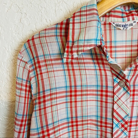 Shirt Knits LTD Tops - Vntg FUN Pinks Blue Plaid Lightweight Buttondown